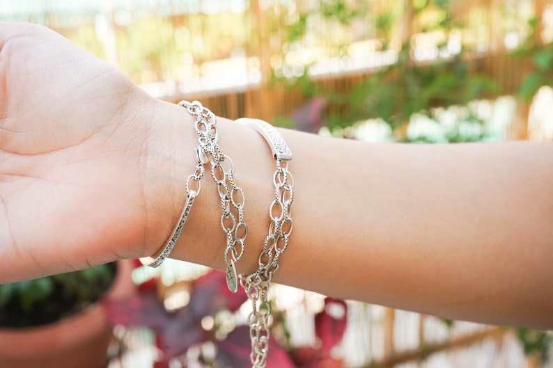 Silver Antique Hammered Half Cuff Chunky Cable Chain Bracelet, Stacking Bohemian Delicate Chunky Chain Cuff Bangle, Boho Layering bracelet image 3