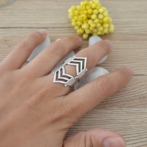 Silver Geometric Ring: Adjustable Armor Knuckle Ring, US Size 6.5-7.5