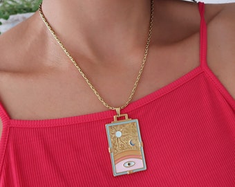 Gold SPIRITUAL rectangle pendant necklace, Sun Moon Evil Eye Celestial Cosmic Jewellery, delicate modern stainless steel chain, gift for her