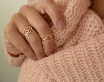 Rose Gold EVIL EYE Protection Midi Pinky Ring, Rose Gold Stackable Stacking Adjustable Ring, Ottoman Turkish Jewelry, Cheap Gift for Her