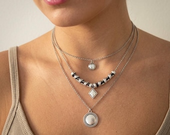 SET of THREE silver GEOMETRIC Coin Necklaces: layered stacking round coin charms, Shop Unique Custom Personalised Jewelry Designs Online