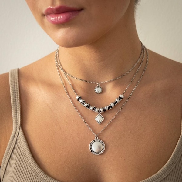 SET of THREE silver GEOMETRIC Coin Necklaces: layered stacking round coin charms, Shop Unique Custom Personalised Jewelry Designs Online