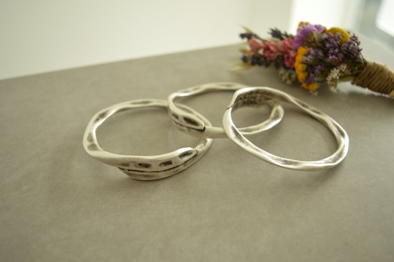 Silver THICK ROUND HAMMERED bangle cuff, circle shaped and oval shaped stacking bangle, Minimalist Arm Party Bangle, Free People Jewellery image 6