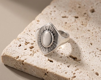 Silver Ethnic Rhombus Statement Ring: Shield Minimalist Modern Ring, Pewter Ring, Gift for Her, Adjustable US 6-8 inch