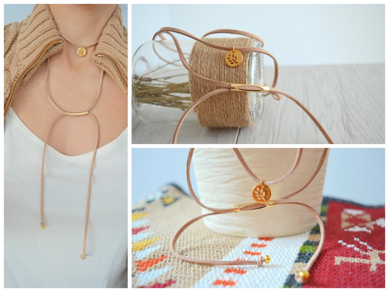 Wrap Suede Choker Tie Up Bolo Necklace Beige suede choker with gold coin leaf charm Bohemian Summer Ibiza Necklace Jewelry