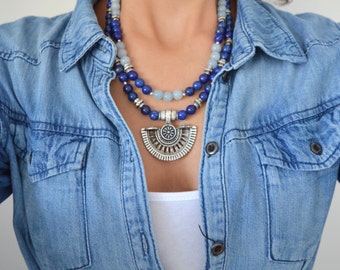 Lapis Lazuli beaded multistrand necklace, Silver statement necklace, Greek inspired necklace, Bohemian Ethnic Summer Statement Jewelry