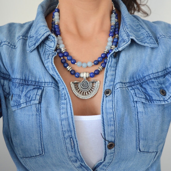 Lapis Lazuli beaded multistrand necklace, Silver statement necklace, Greek inspired necklace, Bohemian Ethnic Summer Statement Jewelry