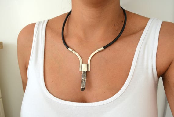 Silver MONOLITH Leather Necklace, Gunmetal Hammered Stalagmite