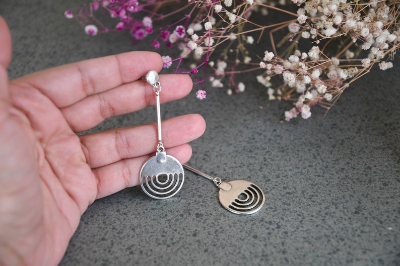 Silver Geometric BAR CIRCLE Drop earrings, Silver dangling geometric circle earrings, silver moon earrings, long silver modern earrings image 9