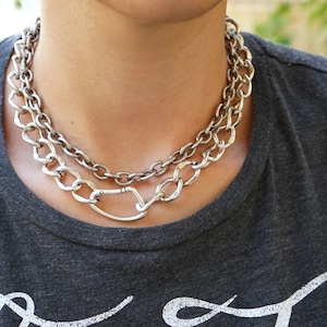 Antique Silver CLIMBER CLIP Chunky chain choker, Thick Chain Necklace, Punk Rock BikerStyle jewelry, Trace chain necklace, Cool gift for her image 3