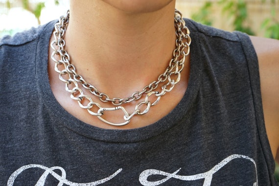 アクセサリー Vintage Silver Oval Heavy Chain Necklace Antique Silver Thick Oval Chunky Chain Choker, Thick Chain