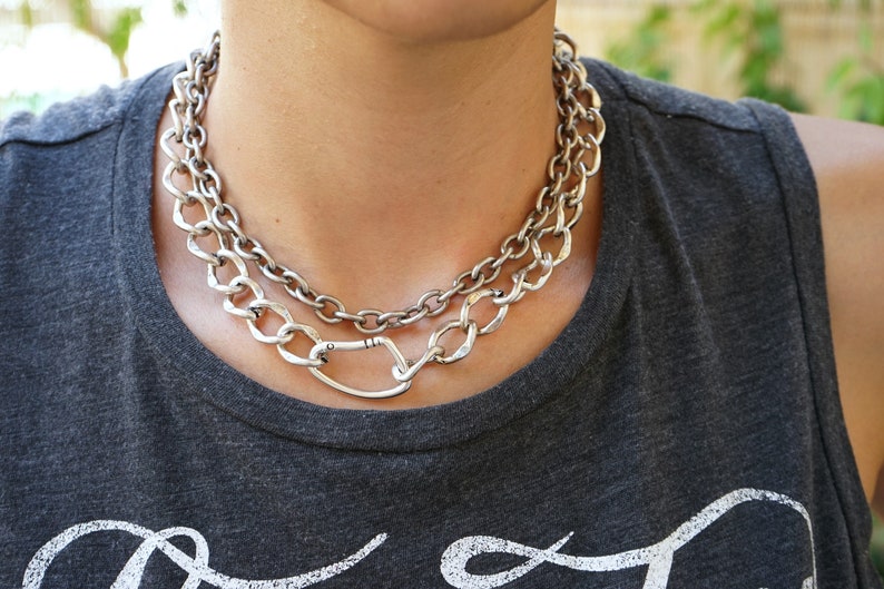 Antique Silver CLIMBER CLIP Chunky chain choker, Thick Chain Necklace, Punk Rock BikerStyle jewelry, Trace chain necklace, Cool gift for her image 3