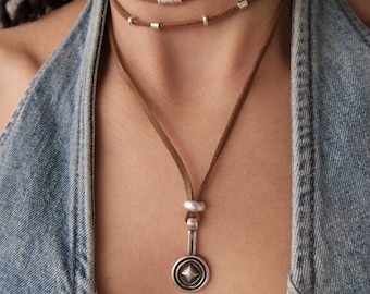 Leather Black/Brown Suede Wrap Choker Necklace with Long Coin Pendant: Bohemian Free-Spirited & Handmade Jewelry - Limited Edition Pieces