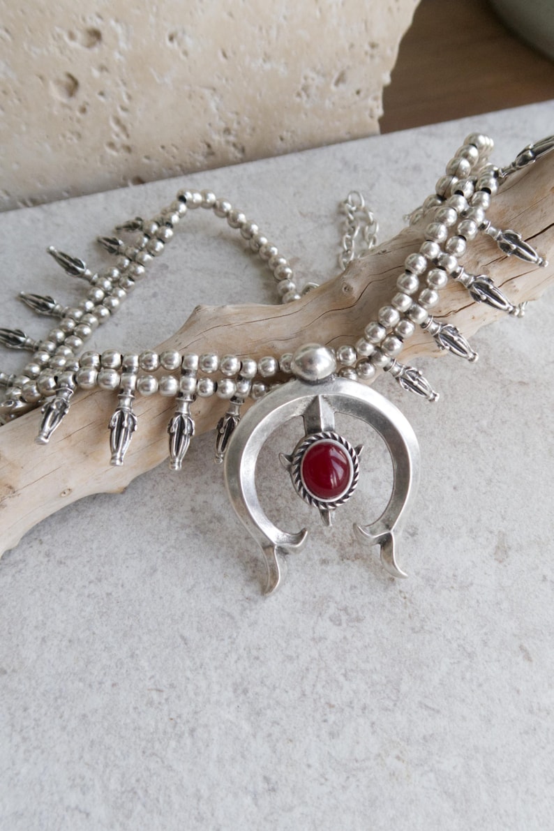 Half Moon Squash Blossom Necklace: Southwestern Statement Bohemian Festival Jewelry, Long Layering Necklace, Native-Inspired Design image 9