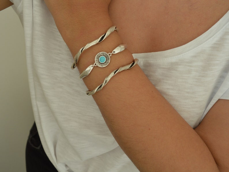 Antique Silver circle engraved cuff with a turquoise enamel floral coin, Stacking Wristband Bracelets, Bohemian Delicate Minimalist Cuff image 2