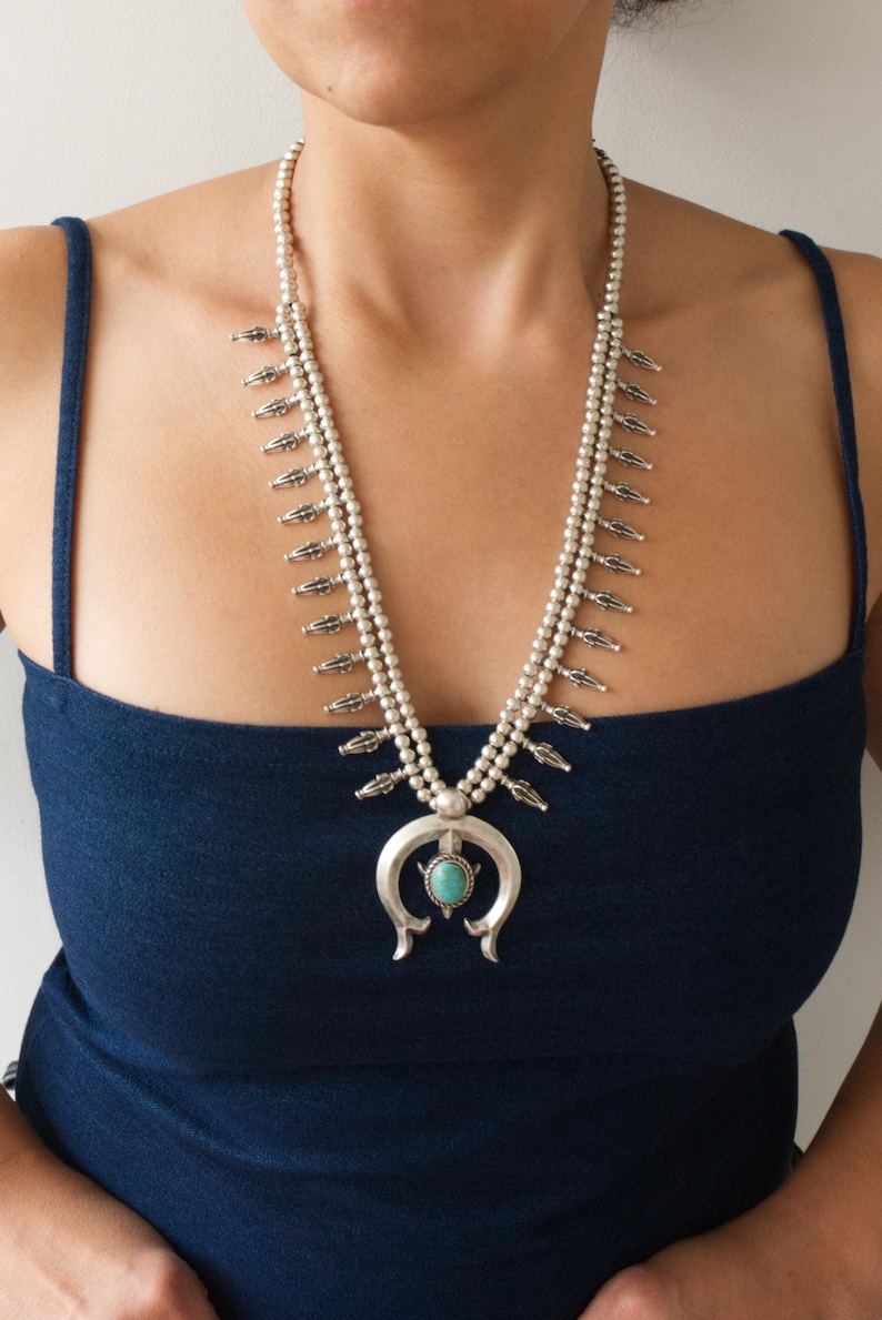 Half Moon Squash Blossom Necklace: Southwestern Statement Bohemian Festival Jewelry, Long Layering Necklace, Native-Inspired Design image 7