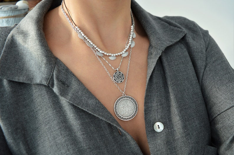 Set of three silver GEOMETRIC necklaces, layered stacking round coin charms jewelry, boho bohemian dainty hippie jewelry, gift for her zdjęcie 10