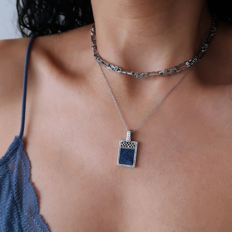 Set of two stainless steel SQUARE chain & silver meander pendant necklace, layered stacking bohemian dainty minimal jewellery, gift for her image 1