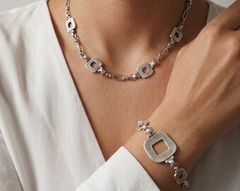Silver Geometric Link Bracelet: Organic Square Chunky Statement Bracelet, Artisan Boho Jewelry, Modern Sculptural