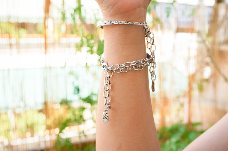 Silver Antique Hammered Half Cuff Chunky Cable Chain Bracelet, Stacking Bohemian Delicate Chunky Chain Cuff Bangle, Boho Layering bracelet image 4