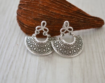 Antique silver dangling Greek Shield earrings, Silver half moon crescent earrings, Silver hemicycle dangle earrings,bohemian ethnic earrings