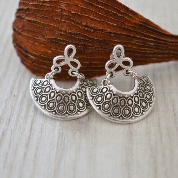 Antique silver dangling Greek Shield earrings, Silver half moon crescent earrings, Silver hemicycle dangle earrings,bohemian ethnic earrings