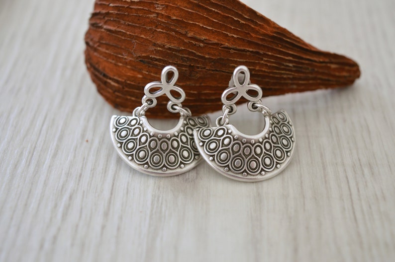 Antique silver dangling Greek Shield earrings, Silver half moon crescent earrings, Silver hemicycle dangle earrings,bohemian ethnic earrings image 1