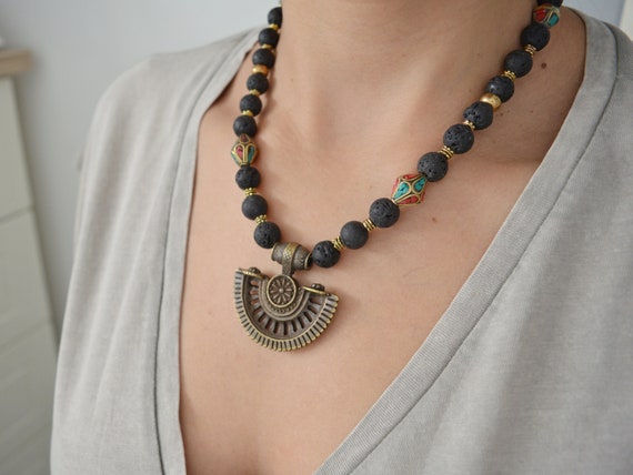 Black Lava Beaded Brass Crescent Pendant Necklace Brass Statement