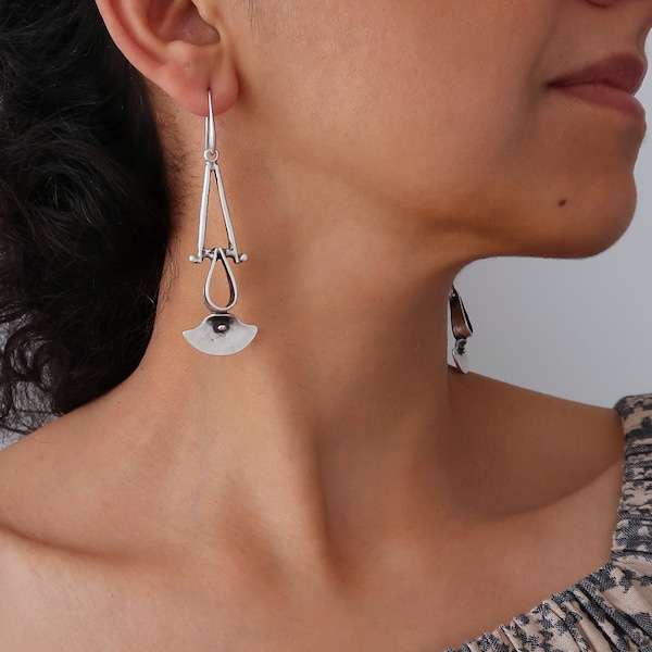 Antique silver plated dangling Long SHIELD style earrings, bohemian tribal ethnic modern Greek & Turkish style silver jewelry, gift for you