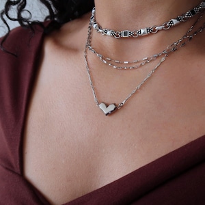 Stainless steel faceted HEART bar linked chain necklace, Punk Rock Style Modern Cool Tarnish Free & Waterproof jewellery, gift for her