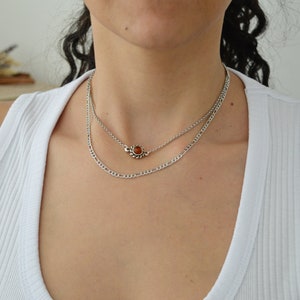 Amber gemstone choker & stainless steel figaro chain, sun charm coin necklace, layered stacking bohemian dainty hippie jewelry, gift for her image 8