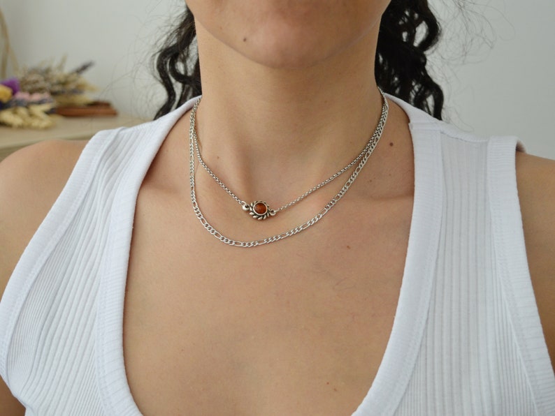 Amber gemstone choker & stainless steel figaro chain, sun charm coin necklace, layered stacking bohemian dainty hippie jewelry, gift for her image 8