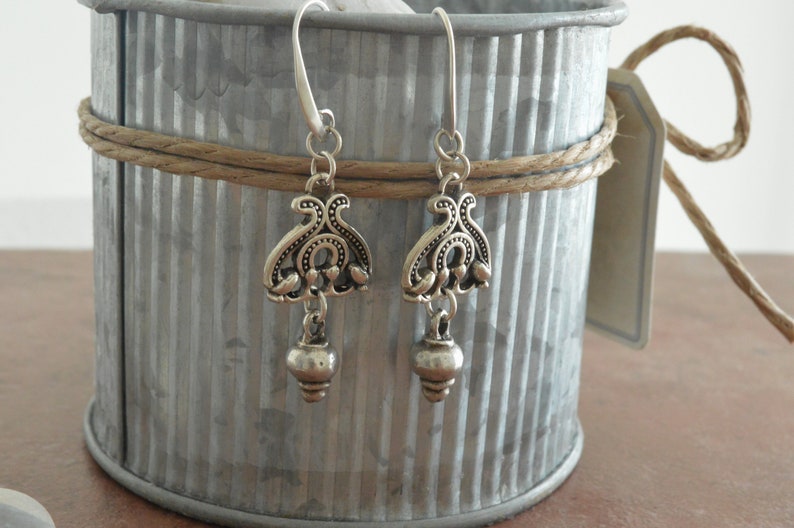 Bohemian Antique Silver dangling flower earrings, Silver dangle ear hook charm earrings, boho rock hippie lightweight earrings, Gift for her image 7
