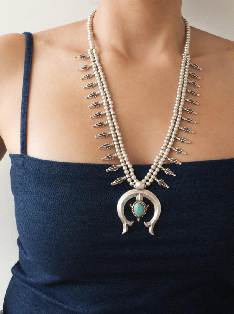 Half Moon Squash Blossom Necklace: Southwestern Statement Bohemian Festival Jewelry, Long Layering Necklace, Native-Inspired Design image 8