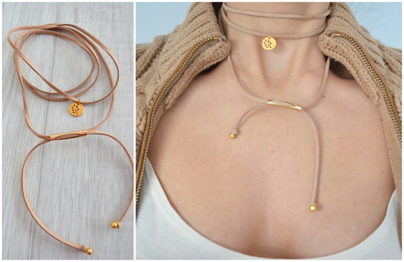 Wrap Suede Choker Tie Up Bolo Necklace Beige suede choker with gold coin leaf charm Bohemian Summer Ibiza Necklace Jewelry