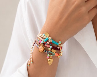 Adjustable Summer Charm Bracelet with Shell, Fish & Starfish Charms: Friendship adjustable bracelets, Beach Tropical Summer Jewellery