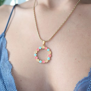 Gold WREATH pendant necklace wt Khaki-Mustard or Turquoise-Pink Enamel 24k gold plated floral pendant modern dainty delicate ethnic necklace image 4