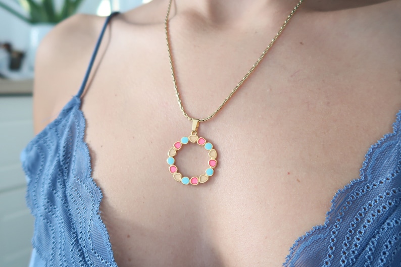 Gold WREATH pendant necklace wt Khaki-Mustard or Turquoise-Pink Enamel 24k gold plated floral pendant modern dainty delicate ethnic necklace image 4