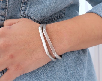 Antique Silver Signet Cuff, One FLAT Line bracelet, Arm Candy, Bohemian Stacking Layering Modern Minimalist Abstract Bangle Jewellery, Gift