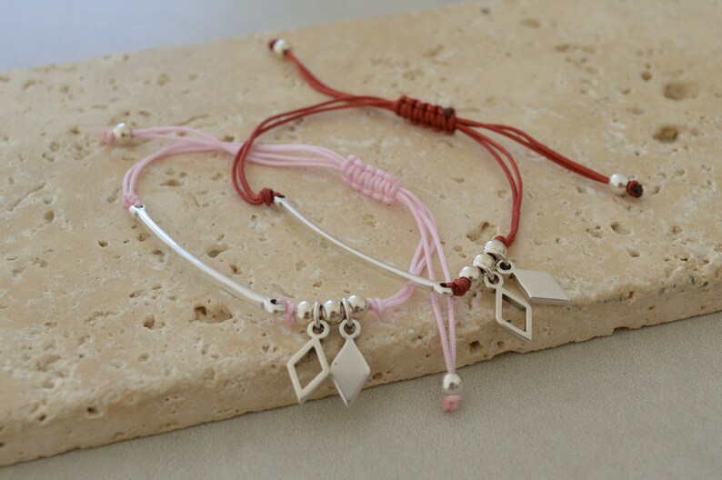 geometric minimalistic bracelet minimal jewelry affordable gift for her Thin Silver hammered bar connector macrame adjustable bracelet