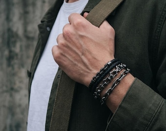 Men's Oxidized Black Stainless Steel Link Chain Bracelet: Motorcycle Punk Industrial Heavy Chain Bracelet for Men, Biker Jewelry