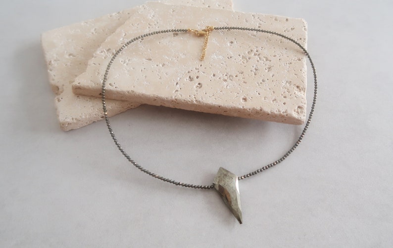 PYRITE Beaded Gemstone Necklace with Arrowhead Pendant, Bohemian Modern Delicate Punk Rock Style Semi-Precious Beads Jewellery, Gift for her image 5