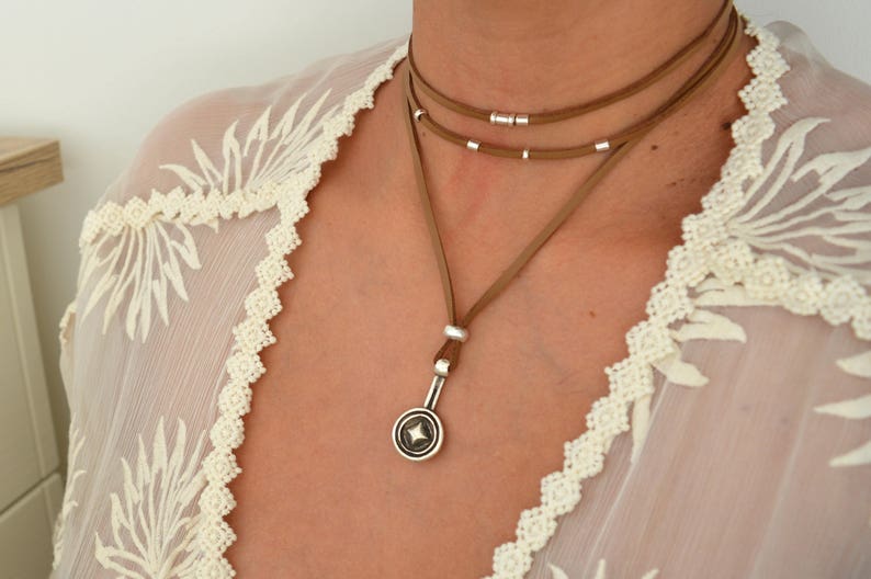 Black/Brown Leather Suede Wrap Choker Necklace, Leather Coin Pendant Necklace, Leather Wrap Choker, Wrap Necklace, Bohemian Silver Jewelry 2. Brown
