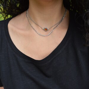 Amber gemstone choker & stainless steel figaro chain, sun charm coin necklace, layered stacking bohemian dainty hippie jewelry, gift for her image 7