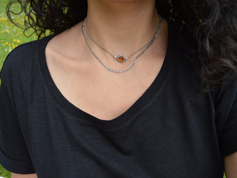 Amber gemstone choker & stainless steel figaro chain, sun charm coin necklace, layered stacking bohemian dainty hippie jewelry, gift for her image 7