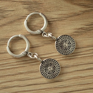 Antique Silver Leverback Hoop Earrings with flower coin charms, Latch Back Hoop Earrings, Minimalist Geometric Dainty Trend minimal earrings