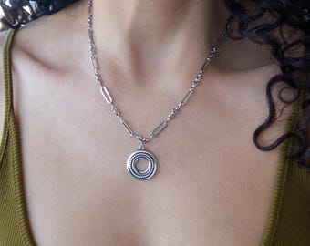 Silver Hollow Coin Necklace: Stainless steel chain, Geometric Bohemian Pendant Modern Bold Organic Statement Jewelry, Unique Gift for her
