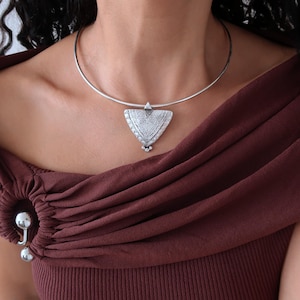 Silver Berber Tuareg Statement Collar Torque Necklace, Rare Design Tribal African Ethnic Moroccan Large Pendant Jewelry, Mother&#39;s Day gift