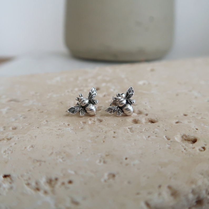 Silver Honey Bee Stud Earrings: Minimalist Dainty Best Modern jewelry online, Everyday Wear, lightweight earrings hypoallergenic, gift image 5
