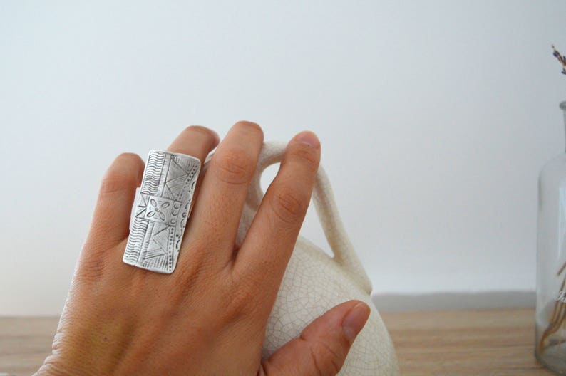 African Tuareg Shield ring, Long Rectangular engraved ring, Bohemian Ethnic Tribal Rings, Free people style rings, Silver Tuareg Jewellery image 8